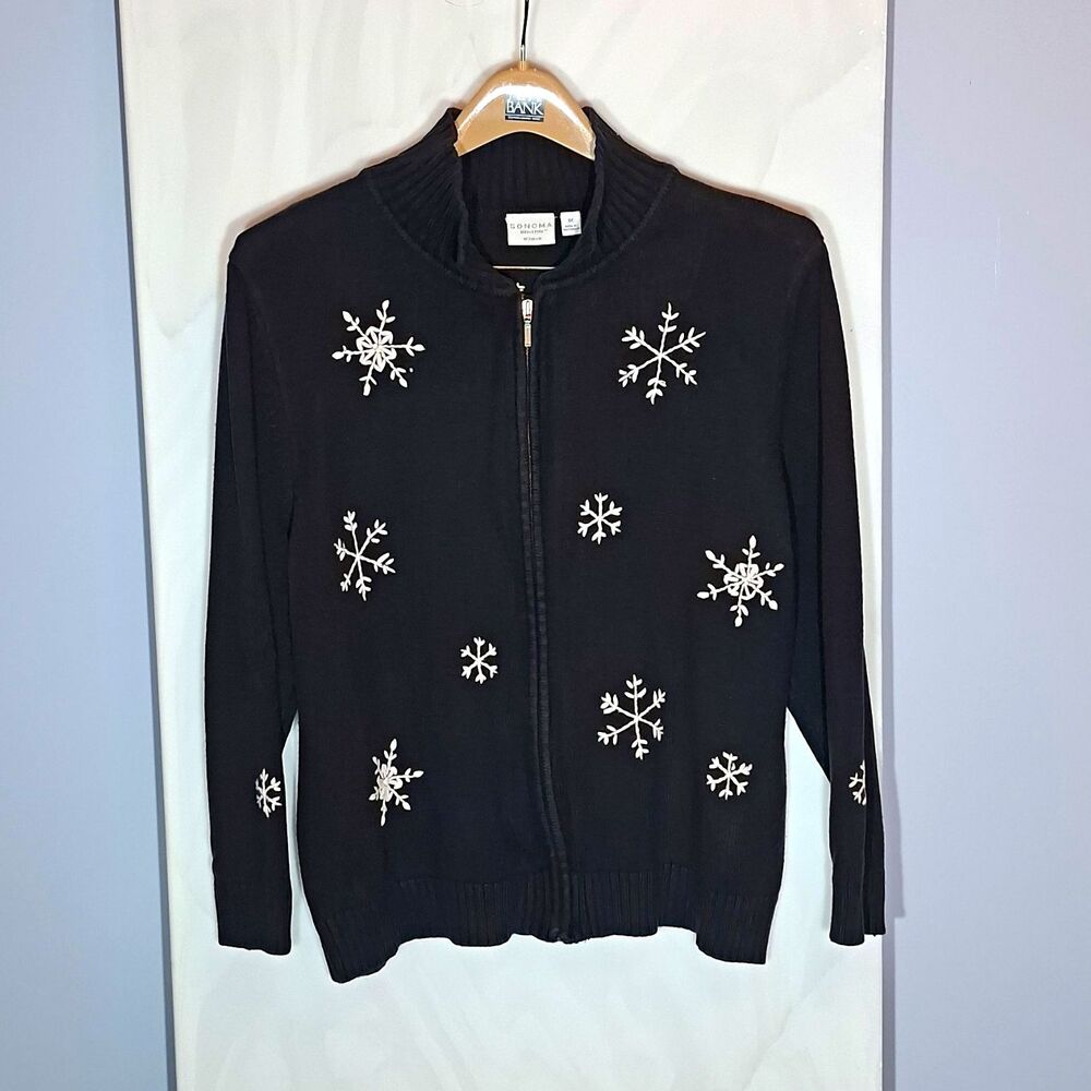 Vintage Y2K Black Sonoma Cardigan Women's 1X Snowflake Embroidered Full Zip Cozy
